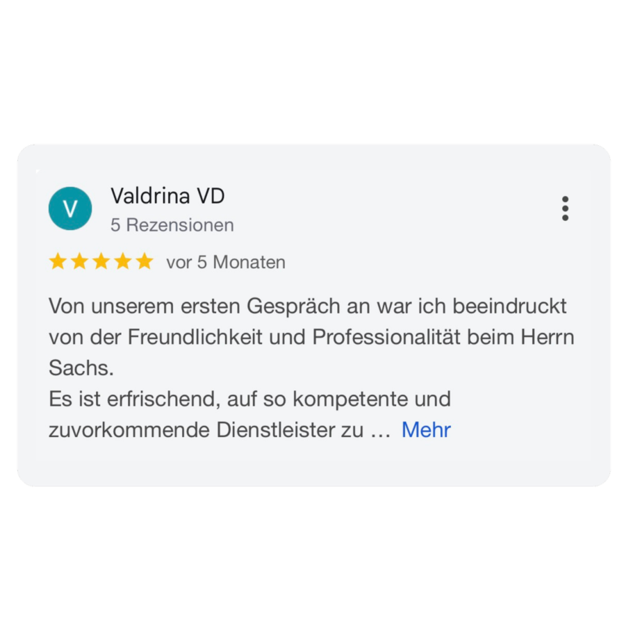 Kundenbewertung von Valdrina VD | PS Hausmeisterservice Screenshot einer positiven 5-Sterne-Google-Bewertung von Valdrina VD über die freundliche Beratung und kompetenten Dienstleistungen von PS H