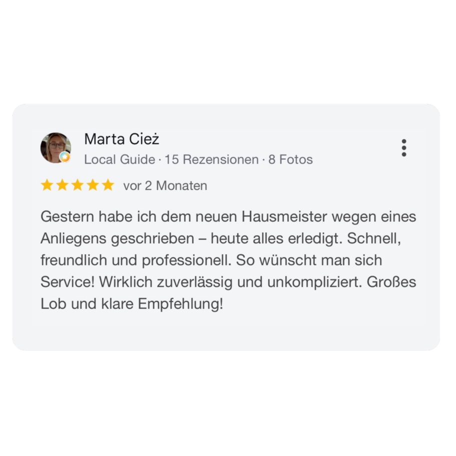 Kundenbewertung von Marta Cież | PS Hausmeisterservice Screenshot einer positiven 5-Sterne-Google-Bewertung von Marta Cież über den schnellen, freundlichen und professionellen Hausmeisterservice.