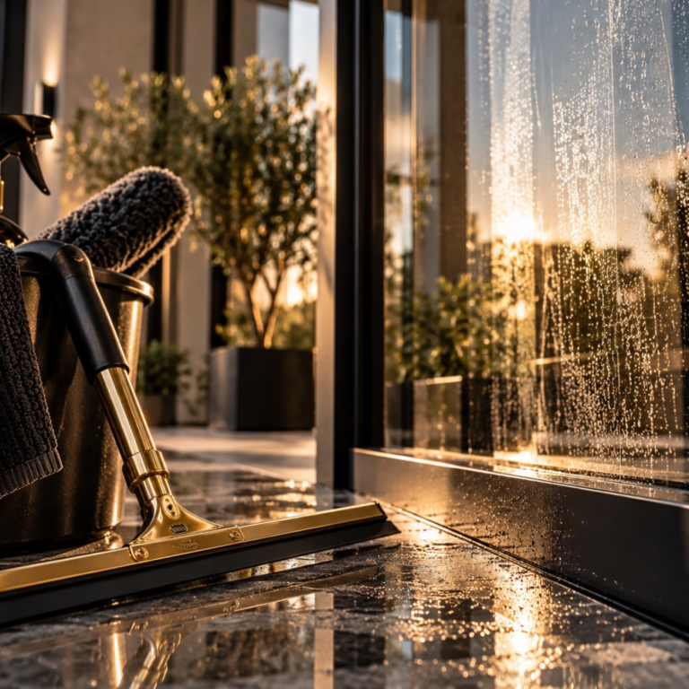 Fensterreinigung KI-generiertes Bild eines goldenen Fensterabziehers auf Glas.